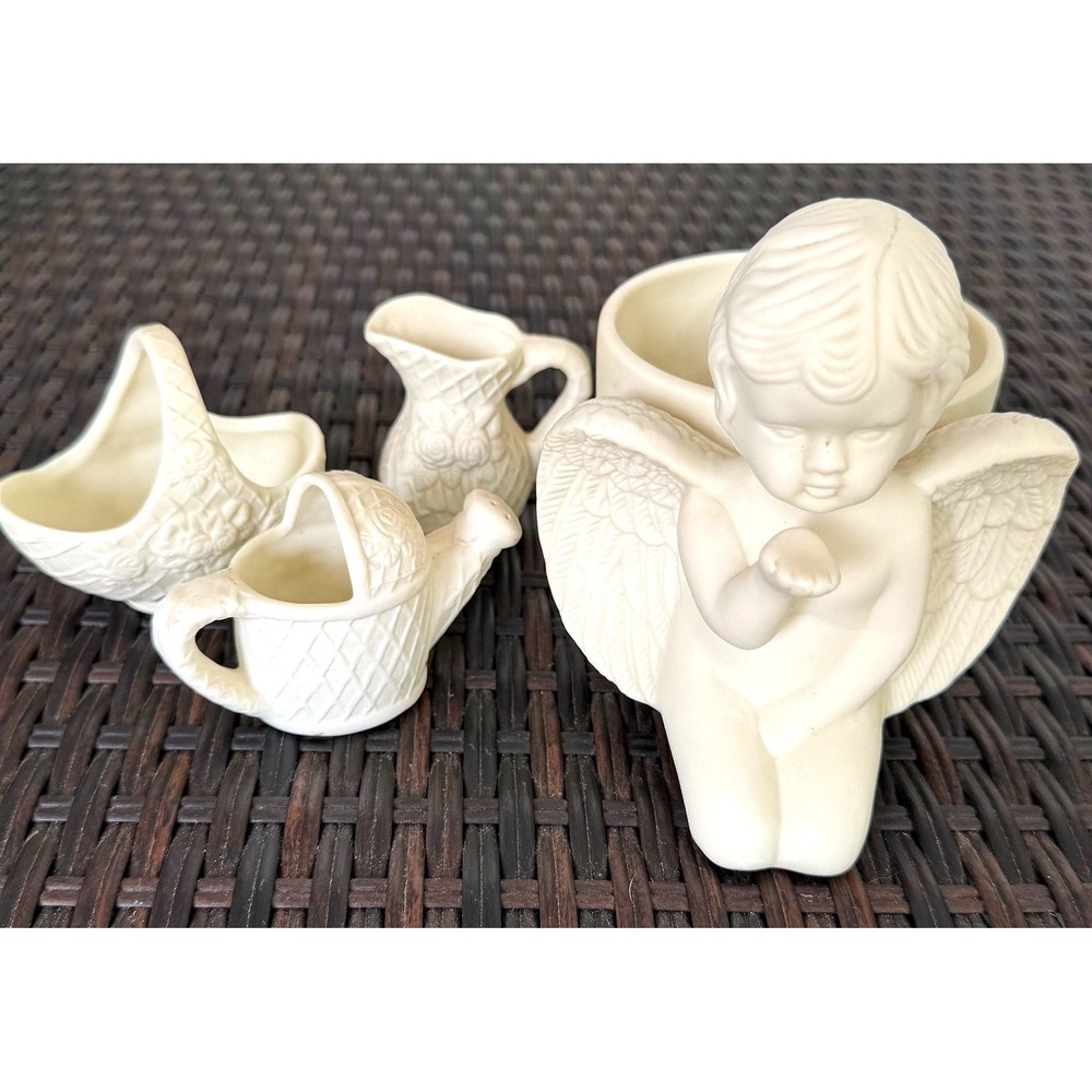VTG Bloom-Rite Ceramic Cherub Planter +‎ 3 Piece Cottagecore Planter Shelf Decor
